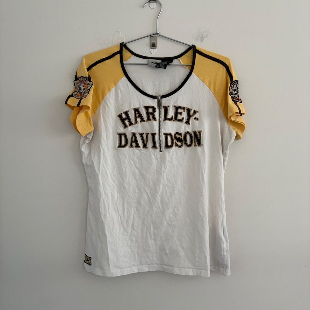 Harley Davidson Womens XL White Yellow Raglan Zip Neck Graphic T-Shirt